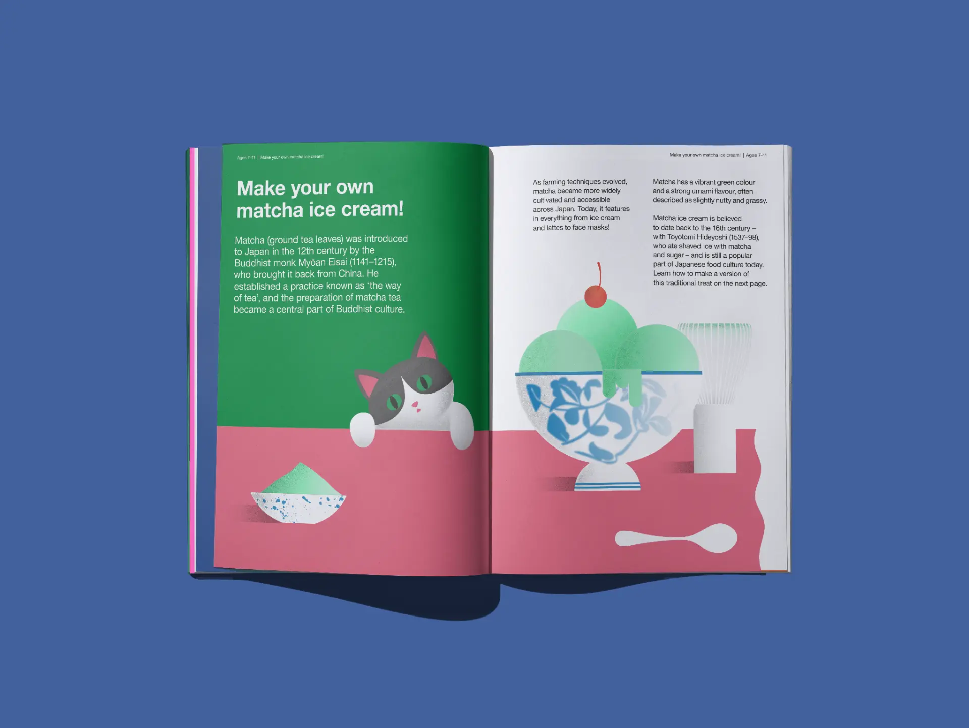 Remus issue 81 spread titled 'Make your own matcha ice cream!', with an illustrated cat peering over a pink table beside a matcha sundae.