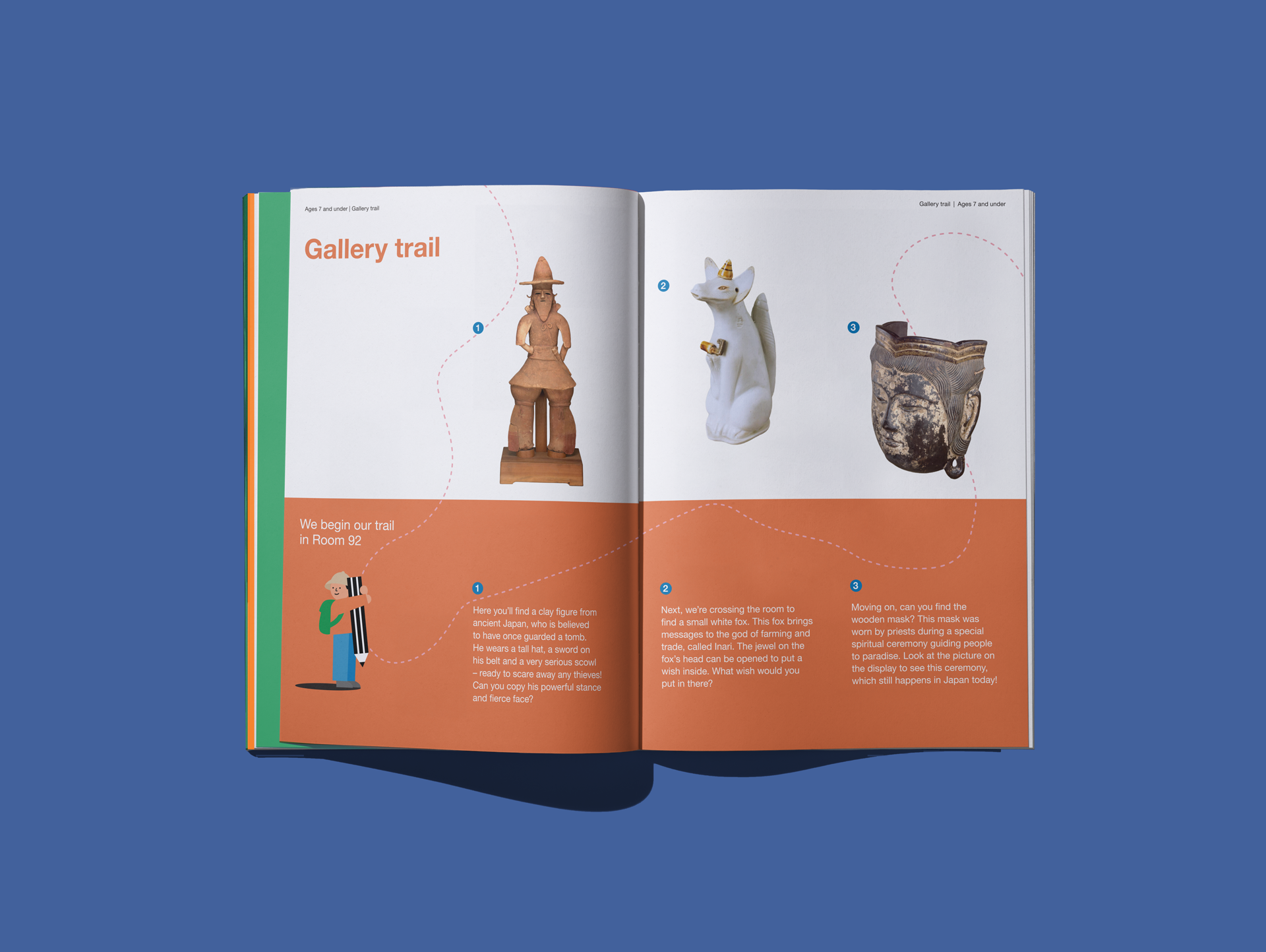 Remus issue 81 'Gallery trail' spread, with museum objects above an orange band of numbered trail prompts for Room 92.
