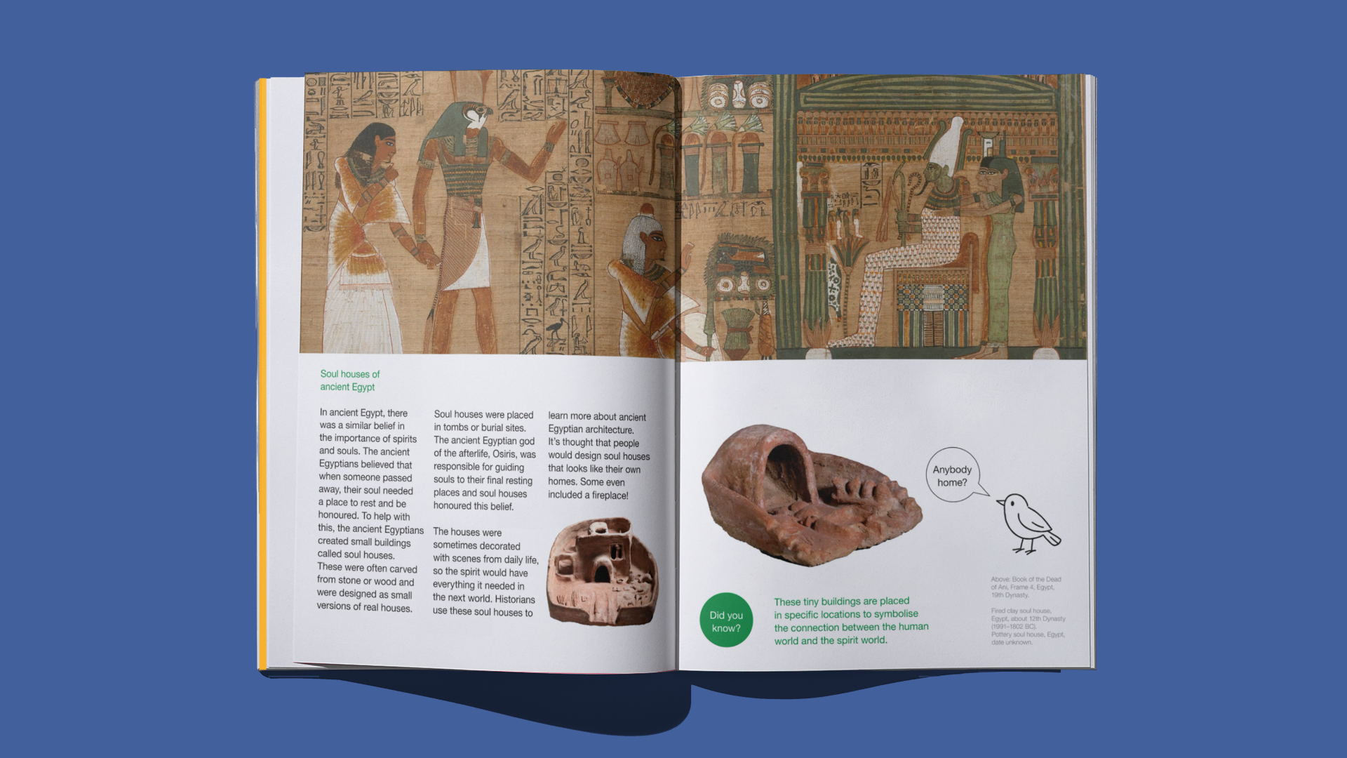 Remus magazine spread on soul houses of ancient Egypt, with Book of the Dead papyrus imagery above text and a fired clay soul house.