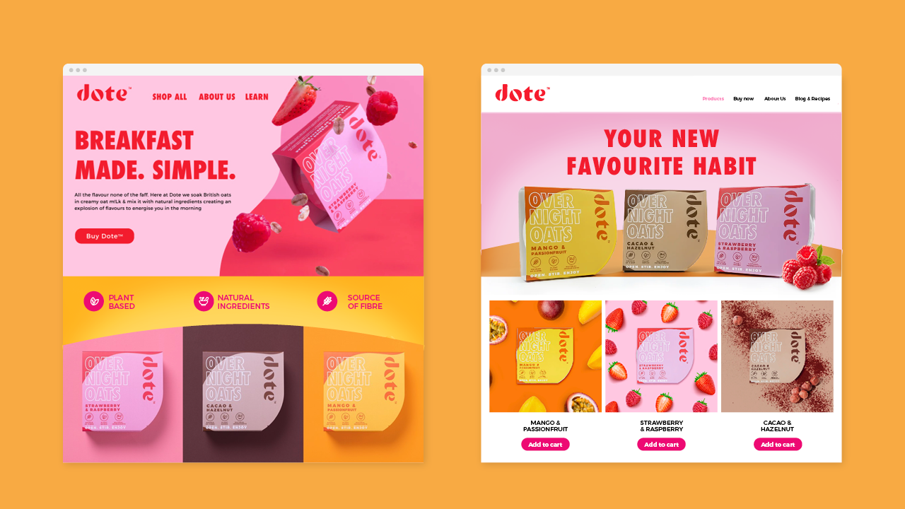 Two Dote website page designs on an orange background — a pink 'Breakfast made. Simple.' homepage hero and a product listing page with the three flavours.