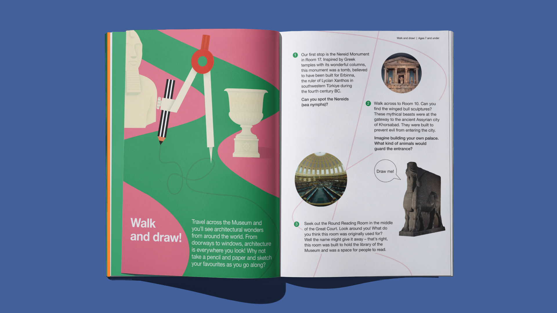 Remus magazine spread showing the 'Walk and draw!' trail, with illustrated pencil and compass artwork opposite a numbered museum route.