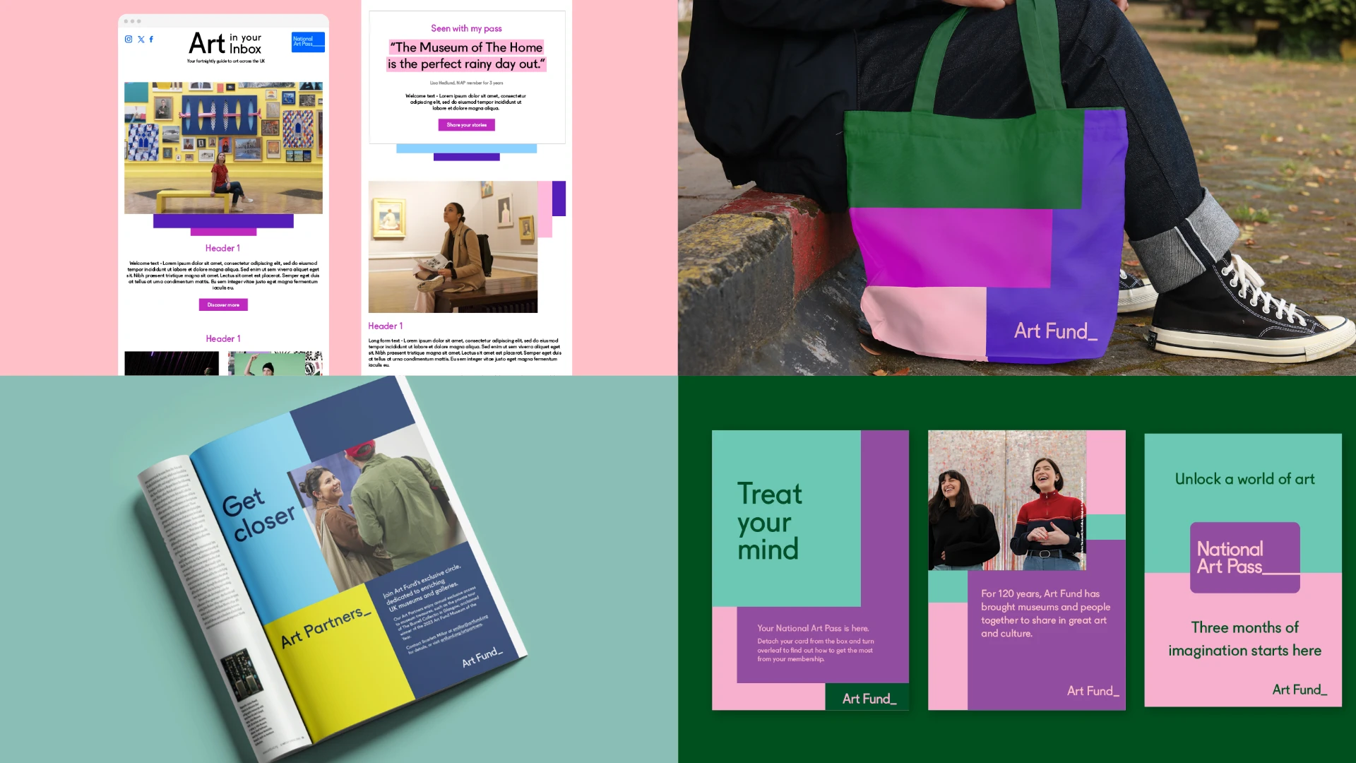 Art Fund rebrand rollout across email newsletters, a branded tote bag, magazine spread and National Art Pass membership cards.