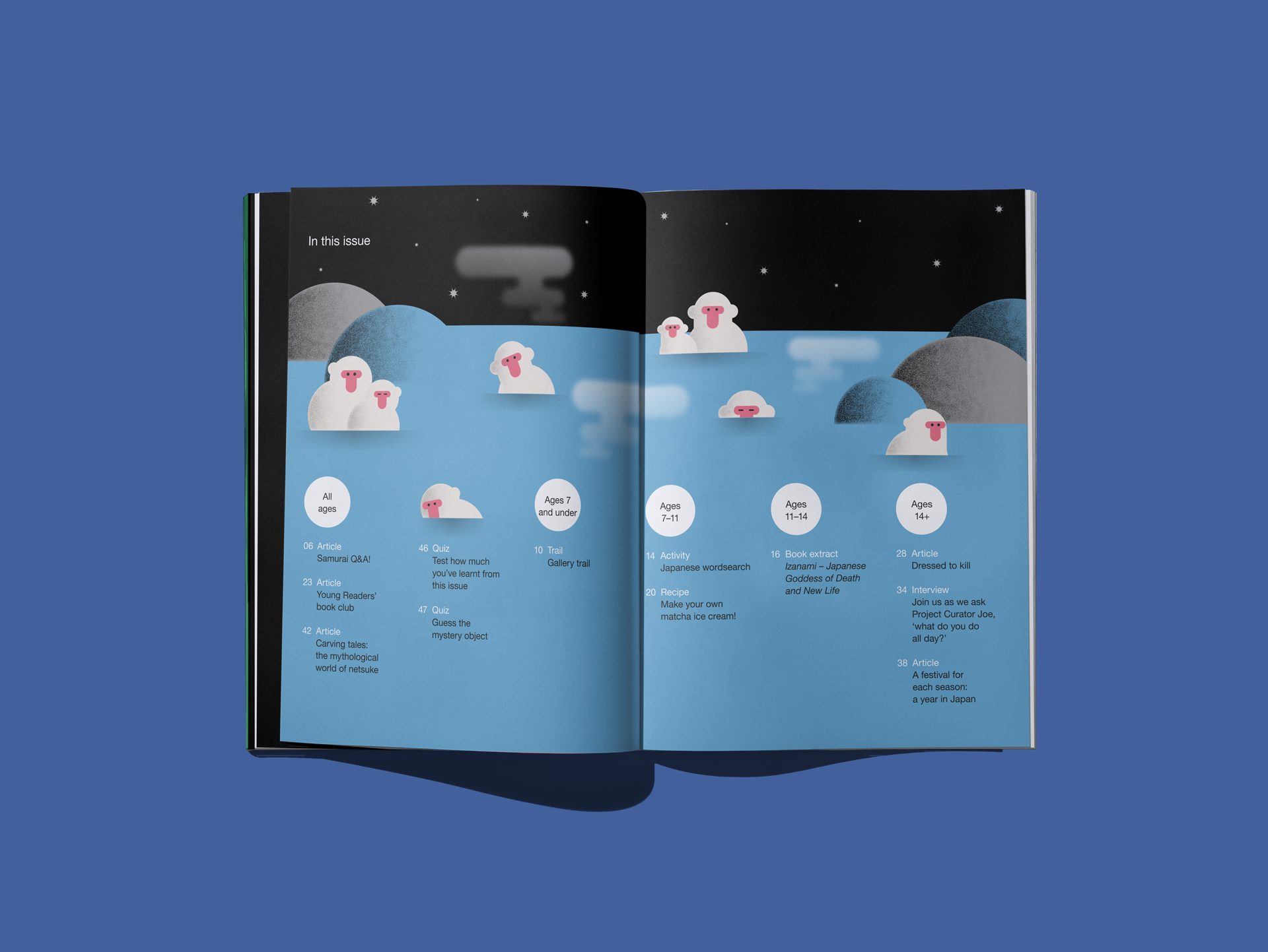 Remus issue 81 'In this issue' contents spread, with snow monkeys bathing in a hot spring under a starry night sky and age-banded circles listing the articles.