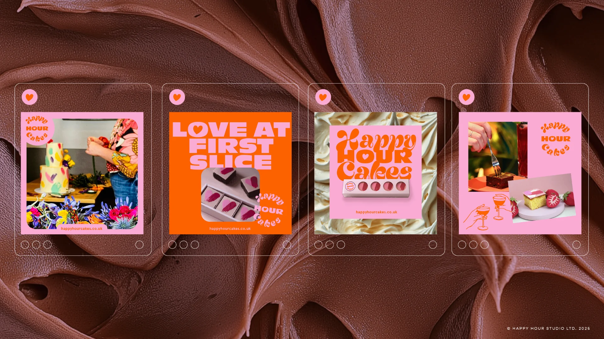Happy Hour Cakes social media cards showing the brand across Instagram and digital touchpoints.