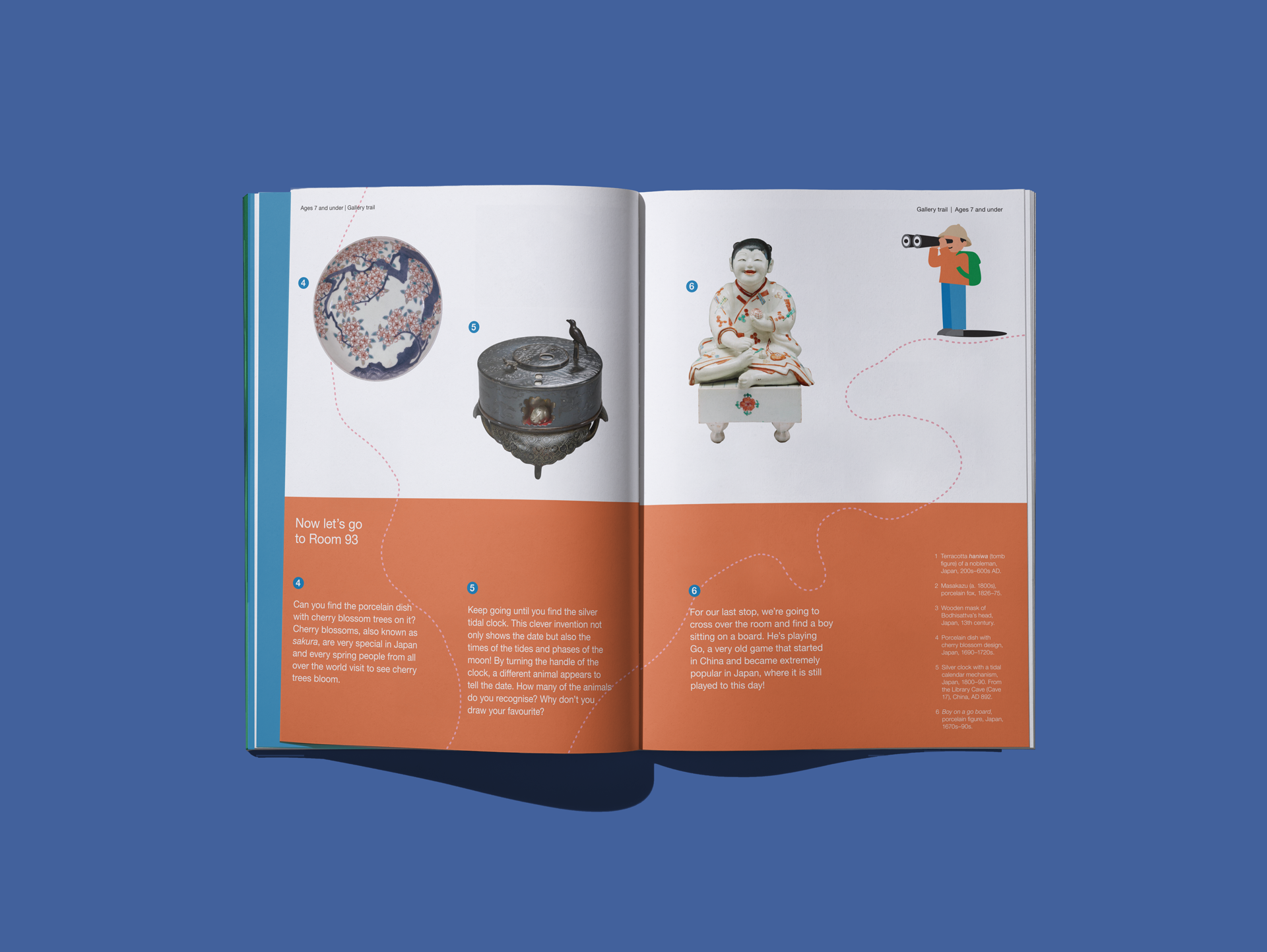 Remus issue 81 gallery trail continuation for Room 93, with porcelain and clock objects above orange trail text and picture credits.