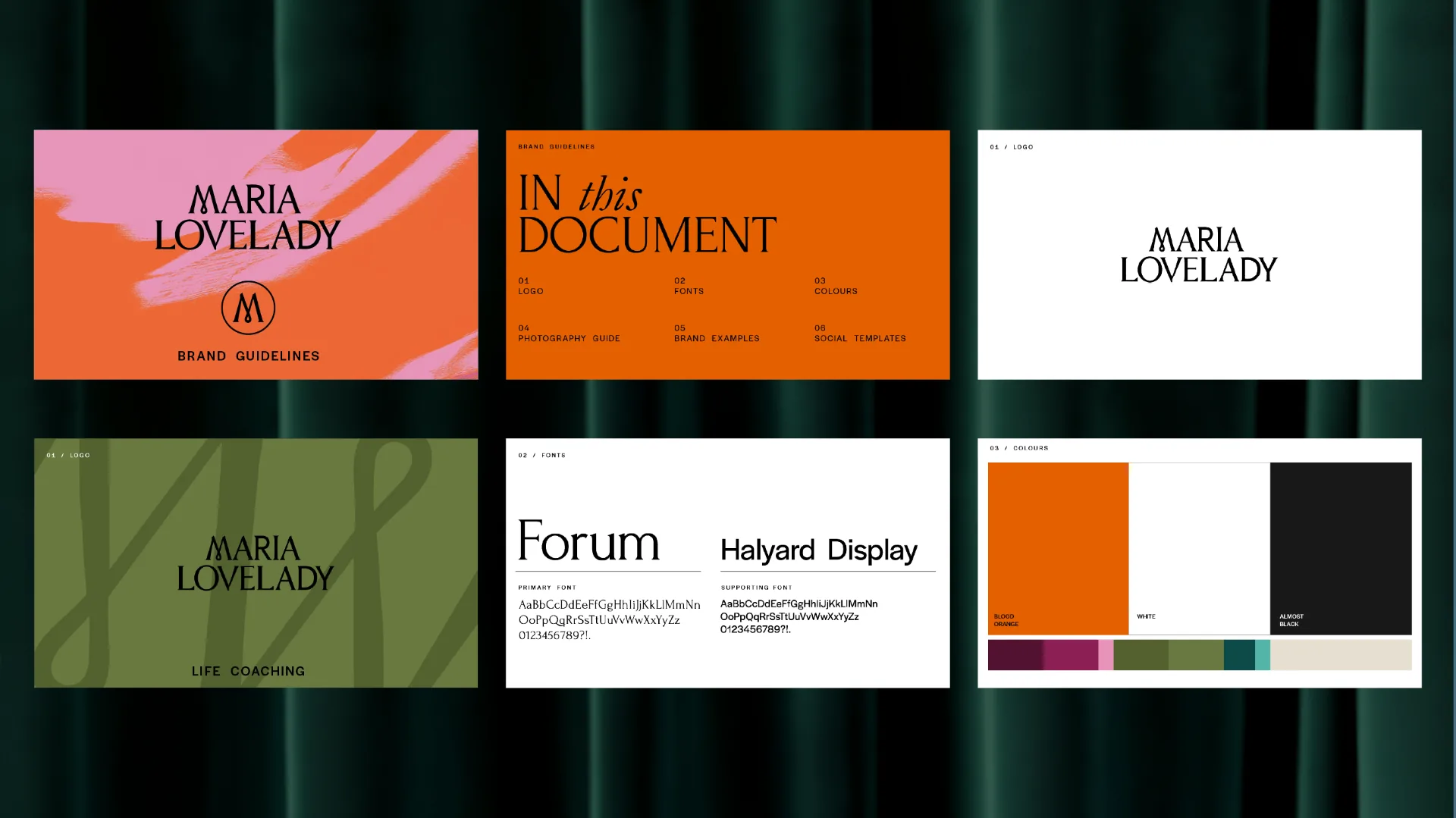 Maria Lovelady brand guidelines spreads — logo, Forum and Halyard Display type system, and colour palette