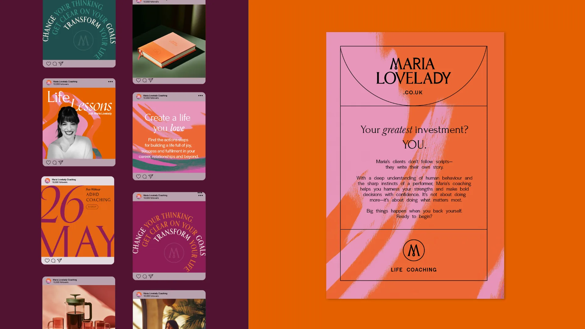 Social media templates and printed coaching collateral applying the Maria Lovelady identity