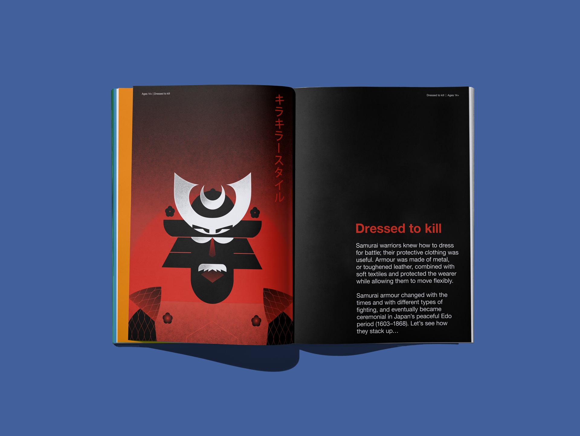 Remus issue 81 'Dressed to kill' opener, with a bold red and black samurai helmet illustration opposite an introduction to samurai armour.